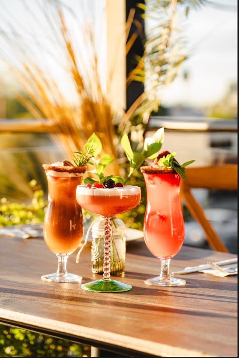 Tres cocteles de autor escarchados en la terraza, decorados con frutos rojos y hierbas, a contraluz del atardecer.