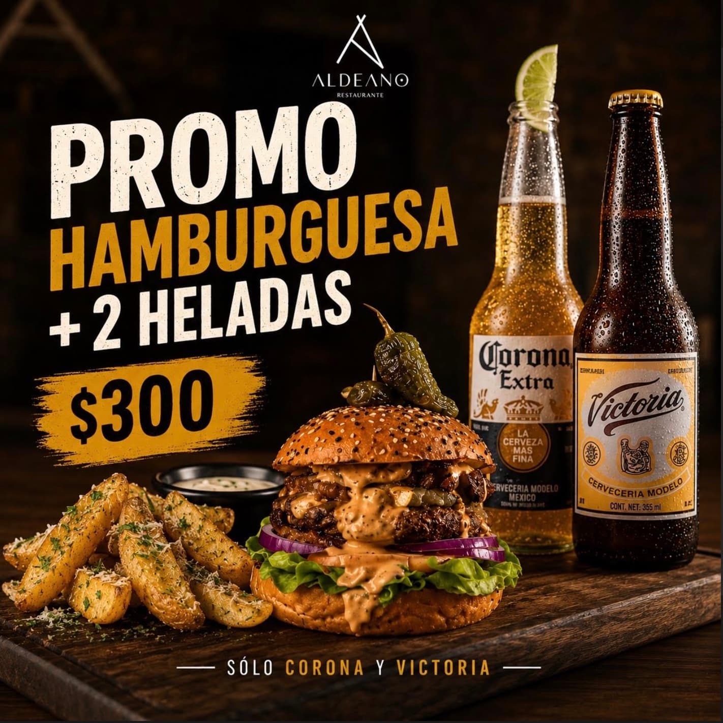 Promo hamburguesa más dos cervezas heladas por $300. Sólo Corona y Victoria.